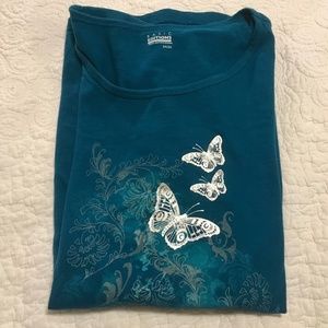 Basic Editions teal t-shirt with scrollwork design & silver butterflies (3X)